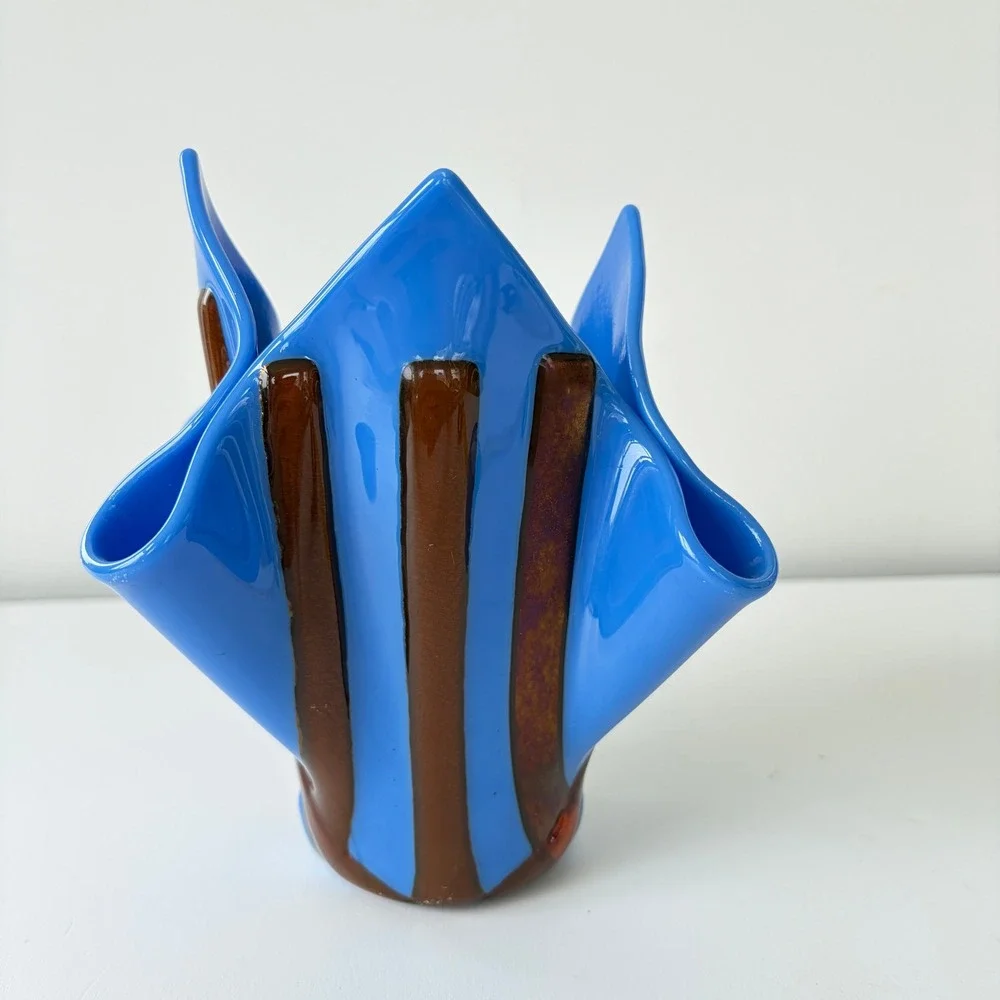 Vintage Murano Style Blue Handkerchief Art Glass Vase Copper Aventurine Stripes